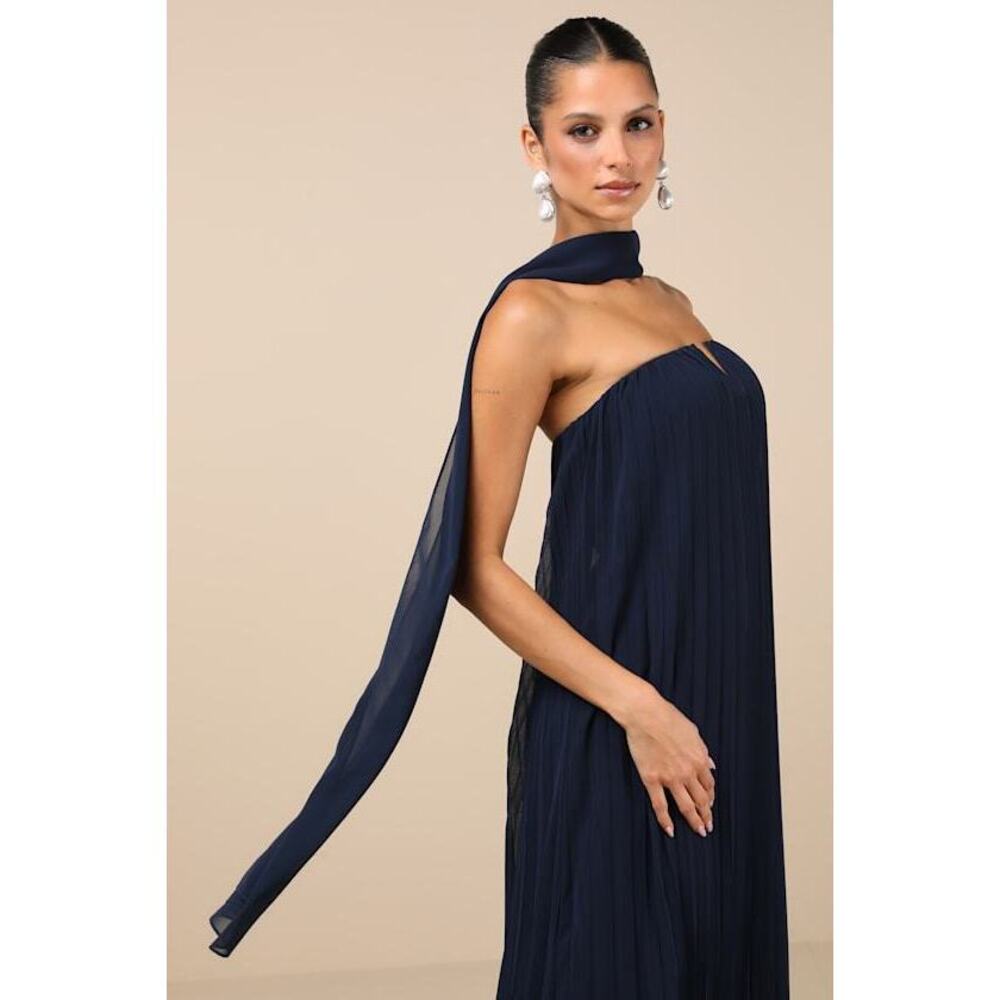 Lulus Lael Navy Pleated Strapless Dress And Scarf Set Blue - Size L